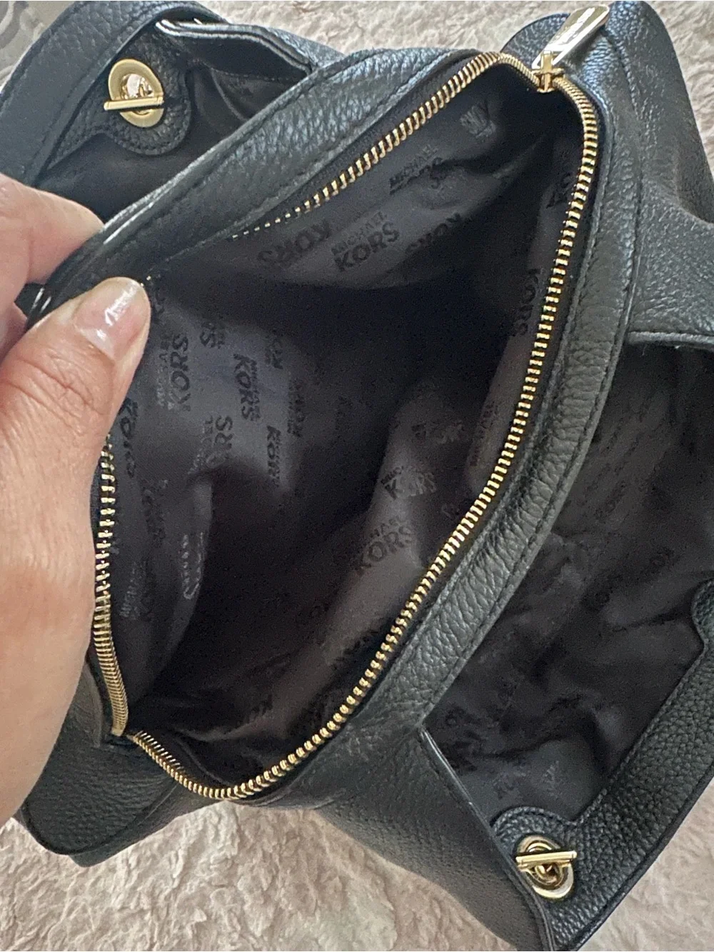 Michael Kors Set: Jet Set Handbag & Continental Wallet In Black Pebbled Leather.